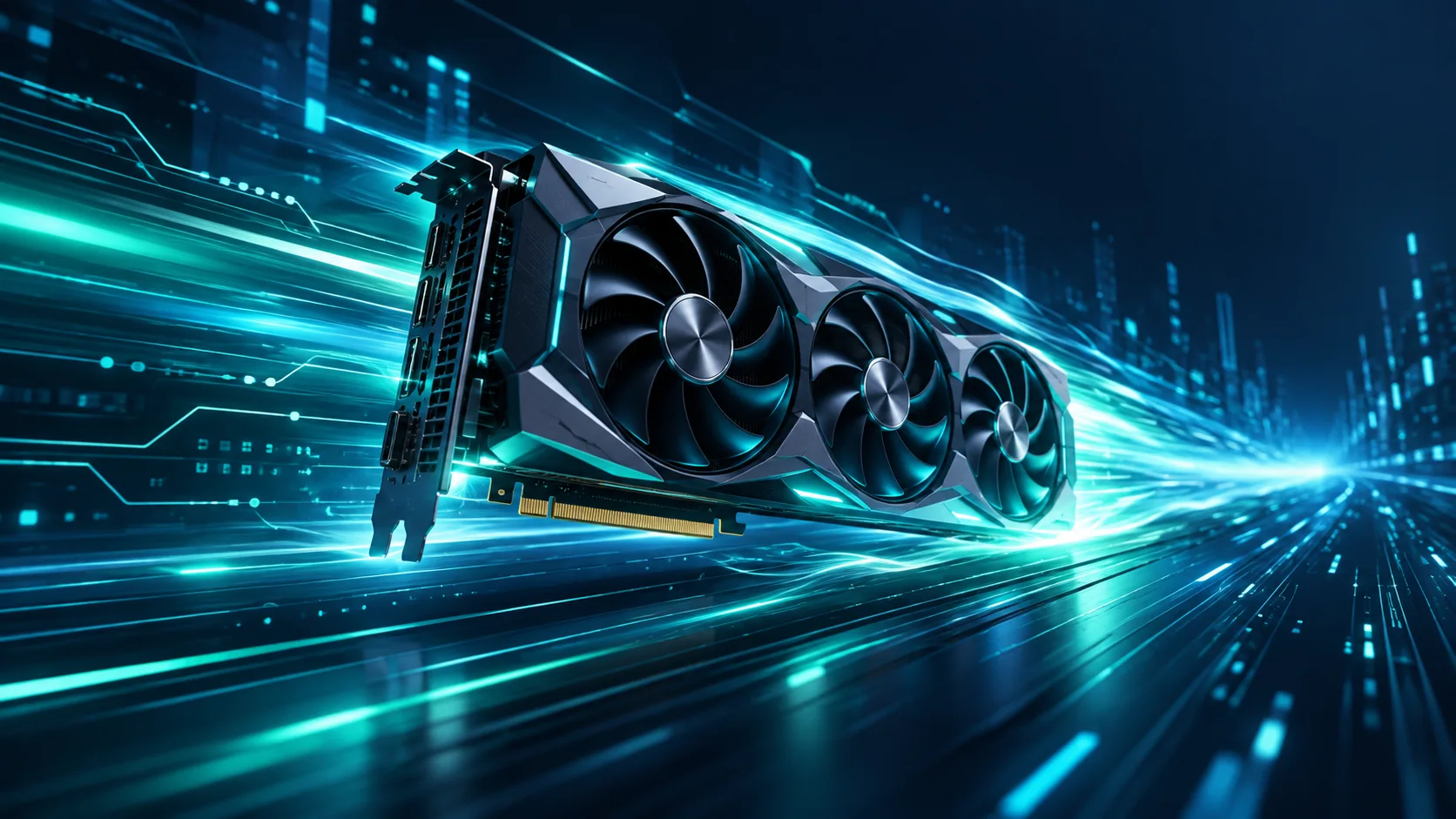 Concept artwork of a high-performance graphics card surrounded by teal data and energy trails
